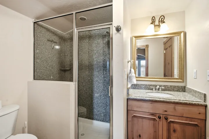 Bathroom featuring a glass-enclosed shower with grey-toned wall panels and a built-in shelf