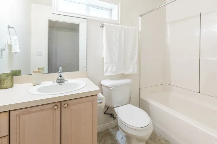 Basement Full Bath with full tub and a large mirror