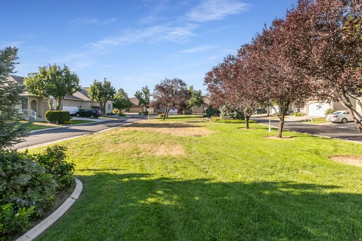 Expansive green space featuring a manicured lawn and mature deciduous trees