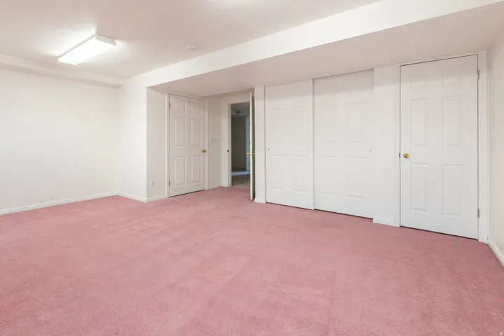 Spacious room featuring wall-to-wall carpeting, multiple white panel doors, and overhead fluorescent lighting