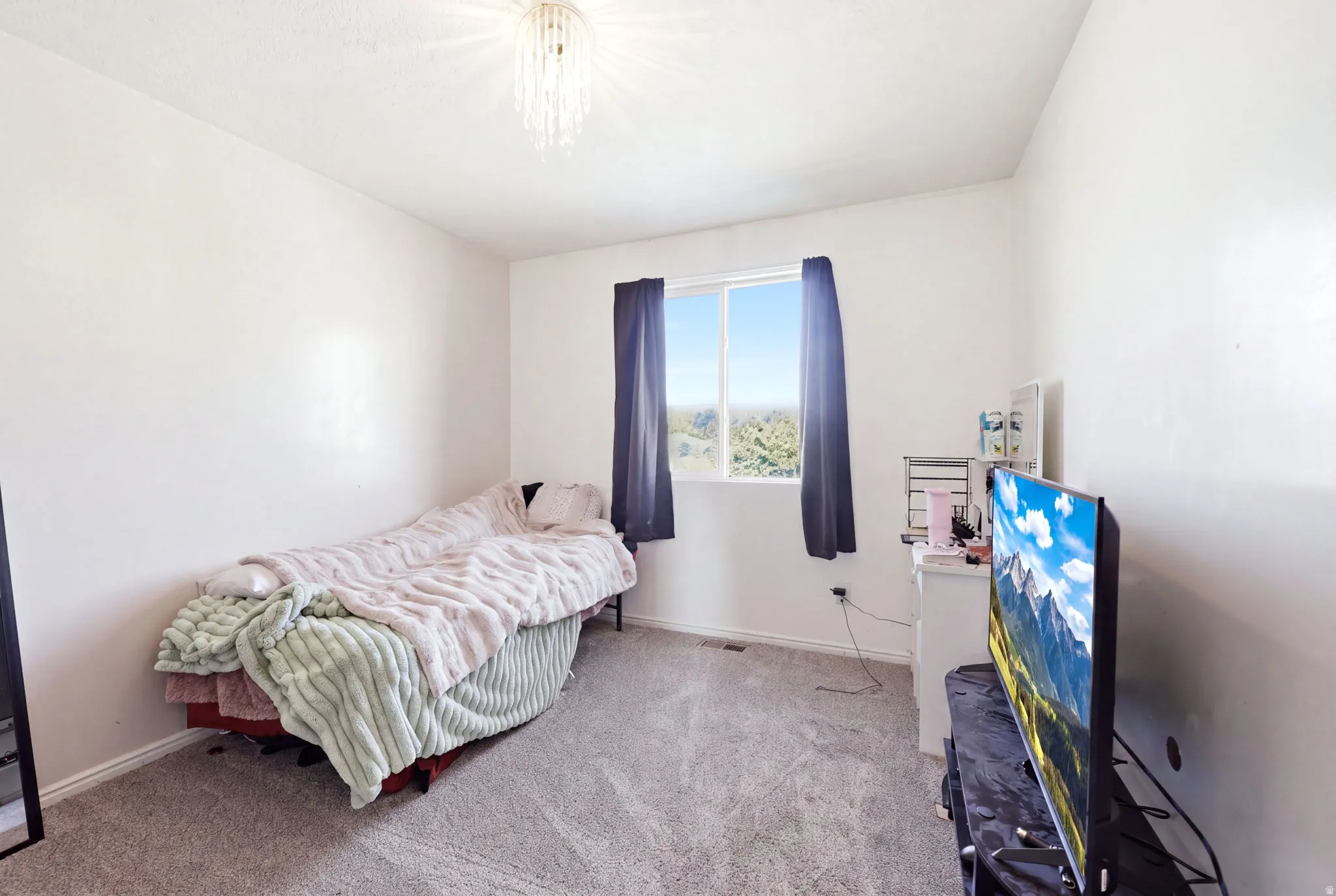 Bright bedroom featuring carpet flooring, a large window with dark curtain panels framing natural light, and a ceiling-mounted light fixture