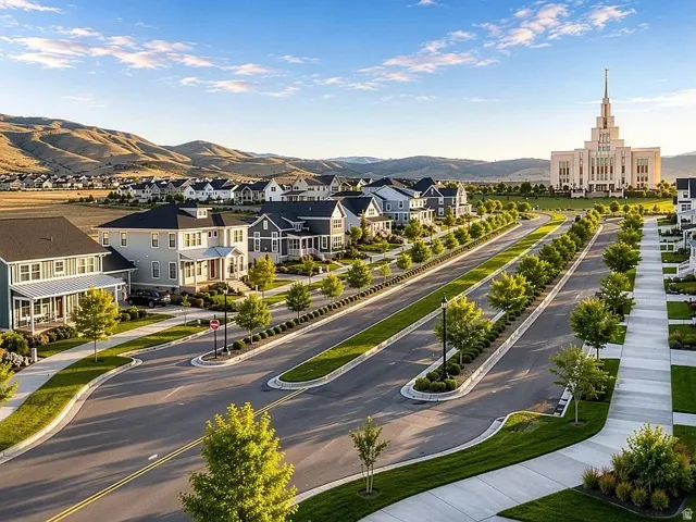 Expansive residential development featuring contemporary homes, paved streets, manicured green spaces, and a mountainous backdrop
