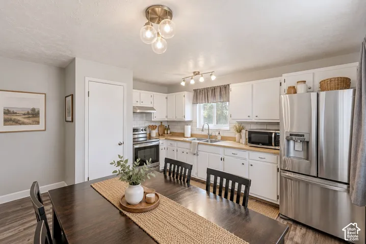 Kitchen featuring white cabinetry, wood-finish countertops, stainless steel appliances, and a trio-globe brushed nickel flush-mount light fixture