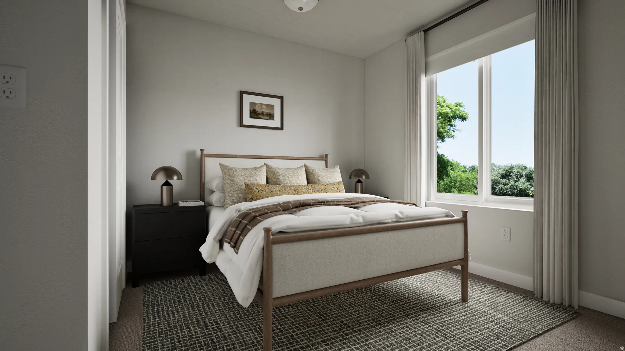 Bright room featuring a large window, carpeted flooring, and neutral wall tones