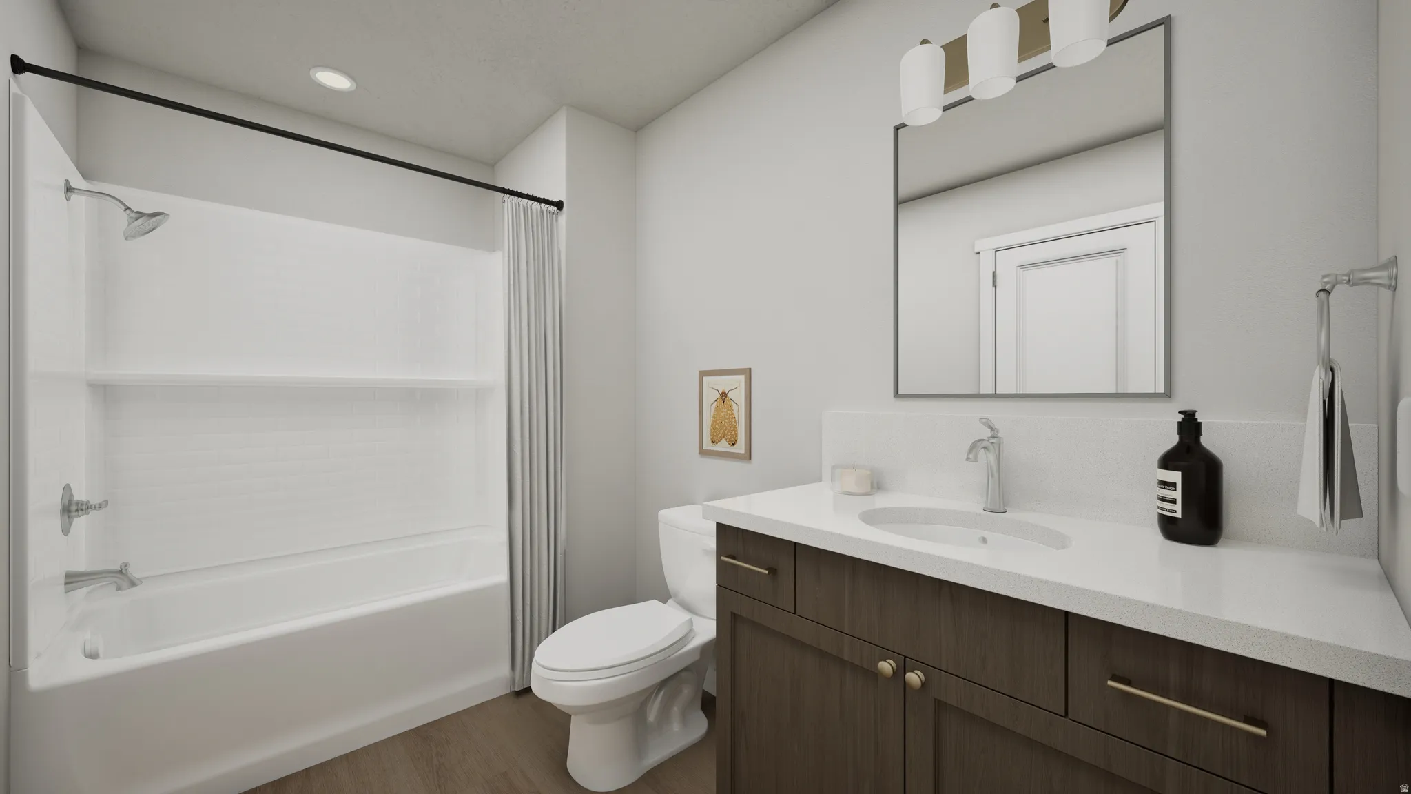 Bathroom featuring a white bathtub and shower combination with chrome fixtures