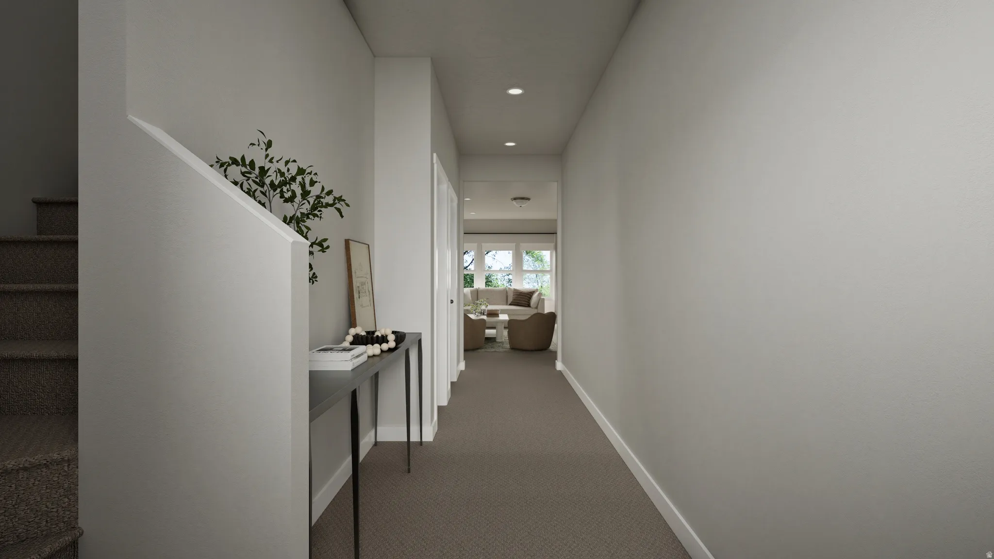 Hallway featuring neutral carpet flooring, recessed lighting, and a console table