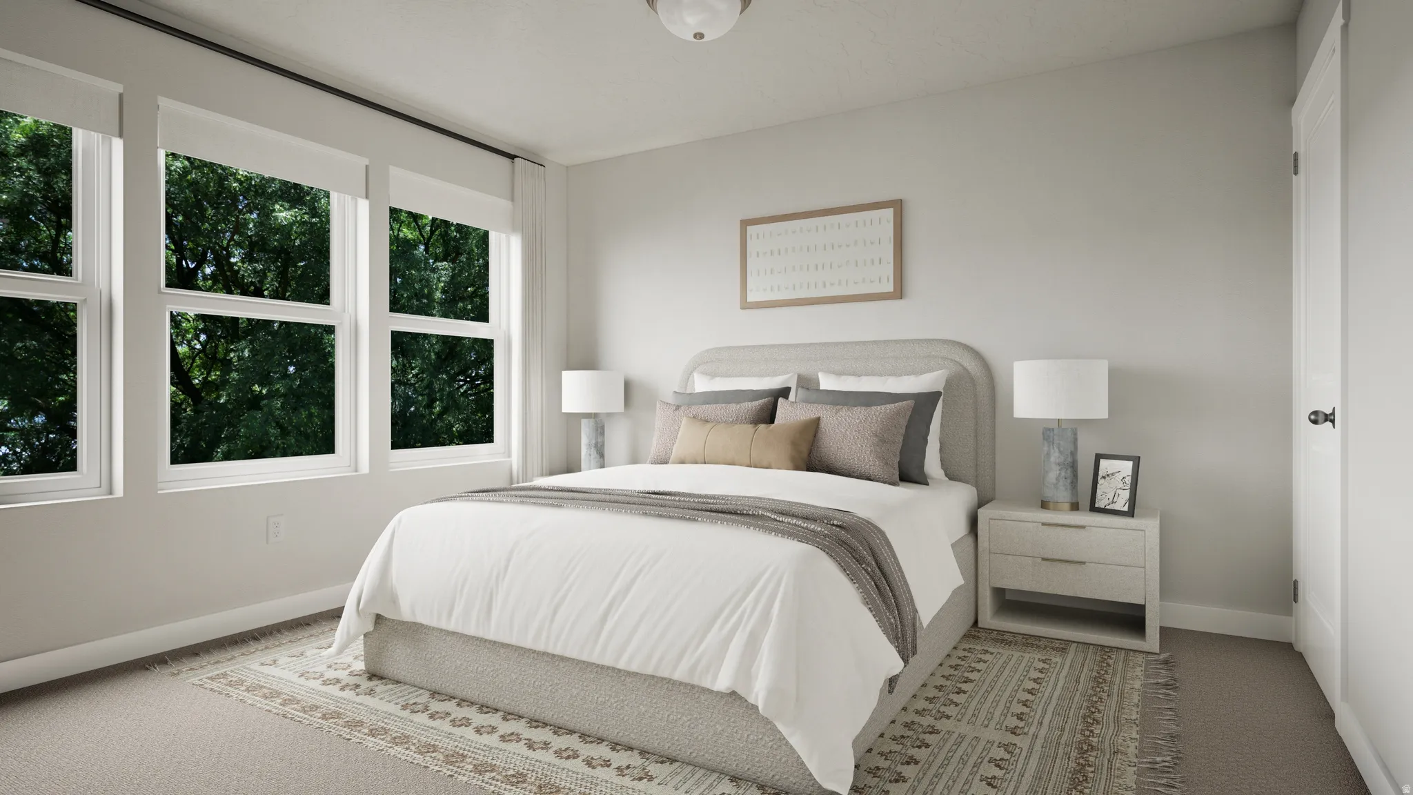 Bedroom featuring light-colored carpeting, multiple windows with white trim, and a ceiling-mounted light fixture