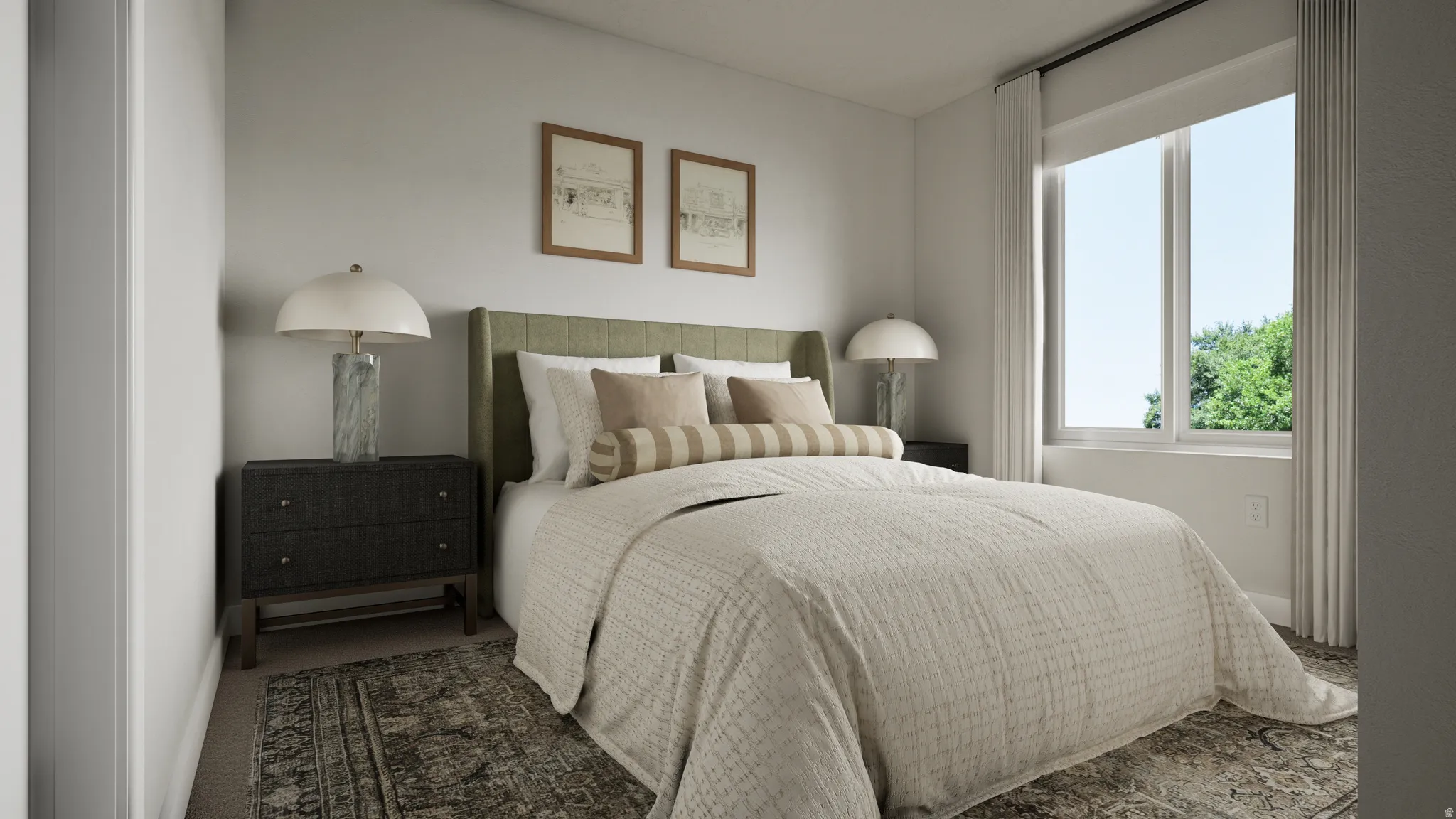 Bedroom featuring light-toned walls, a large window, and carpeted flooring