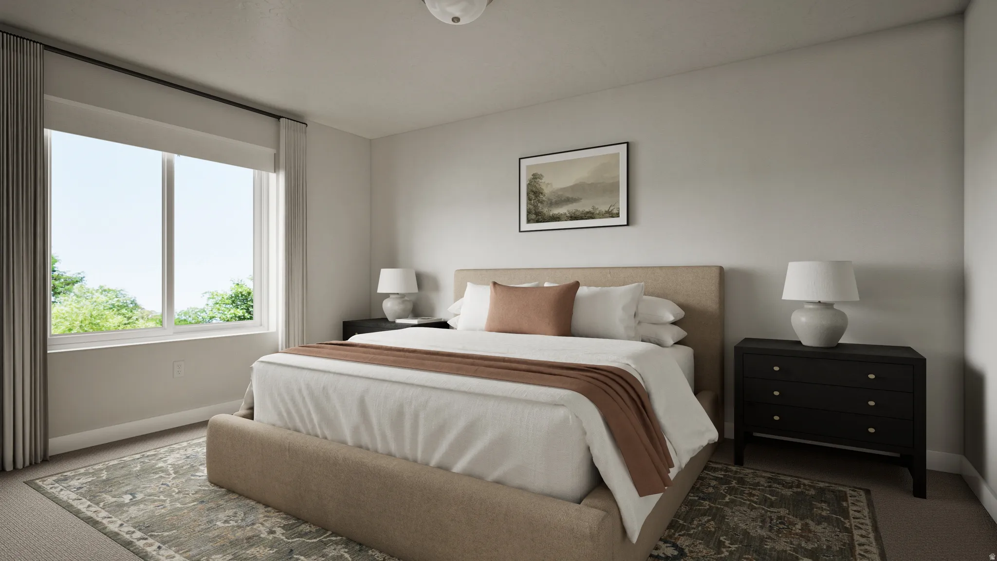 Spacious bedroom featuring large windows, light-toned walls, and a neutral carpet