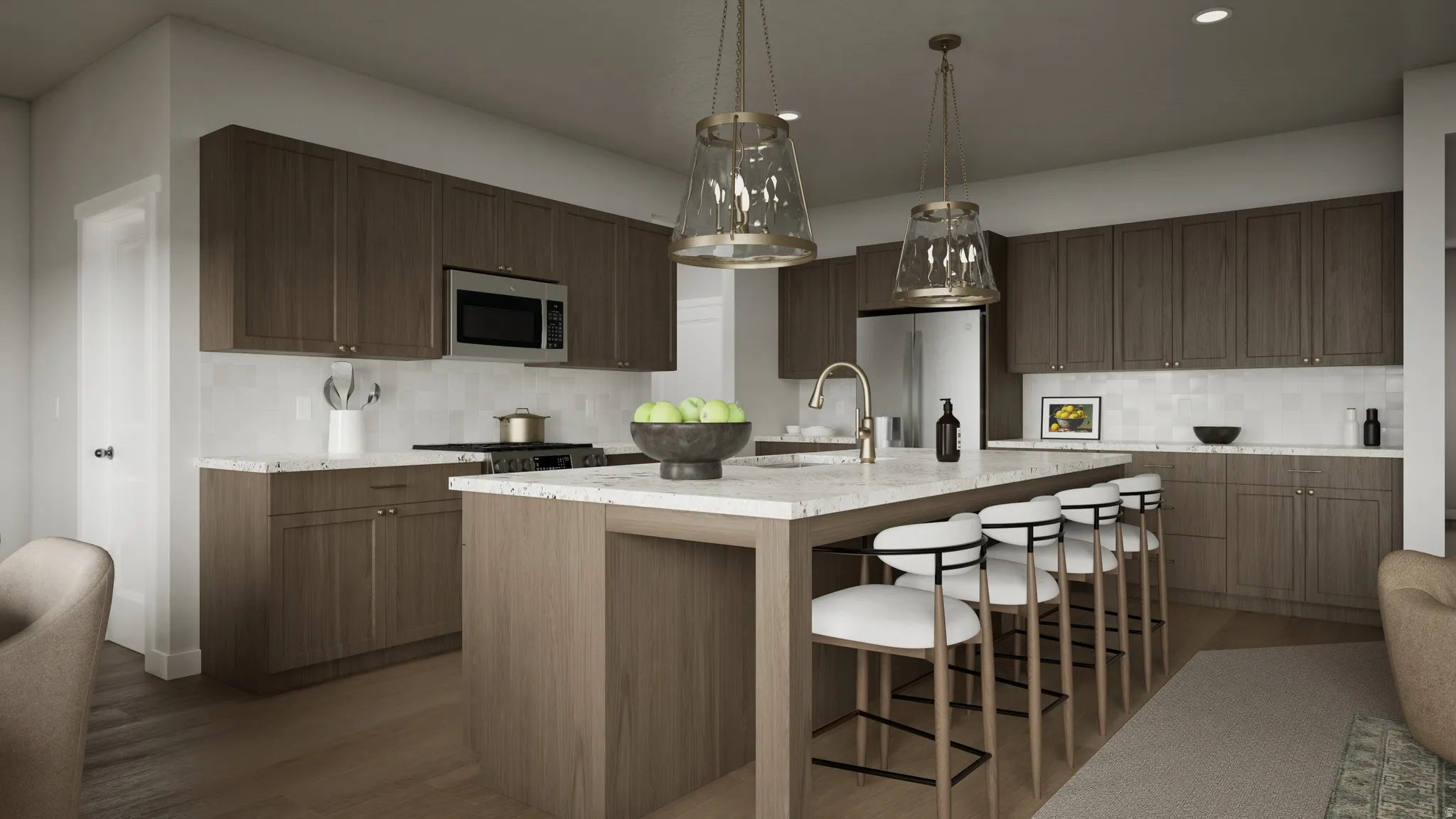 Kitchen featuring an expansive island with seating, pendant lighting, stainless steel appliances, wood-finish cabinetry, and light-toned countertops