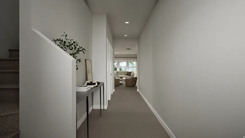 Hallway featuring neutral carpet flooring, recessed lighting, and a console table
