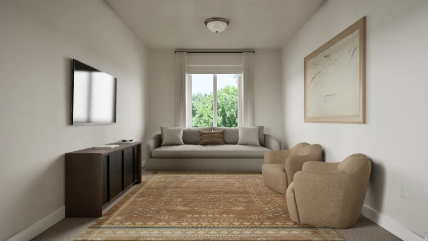 Living room featuring neutral wall paint, a single window with white curtains, a flush-mount ceiling light fixture, and light-colored carpet flooring