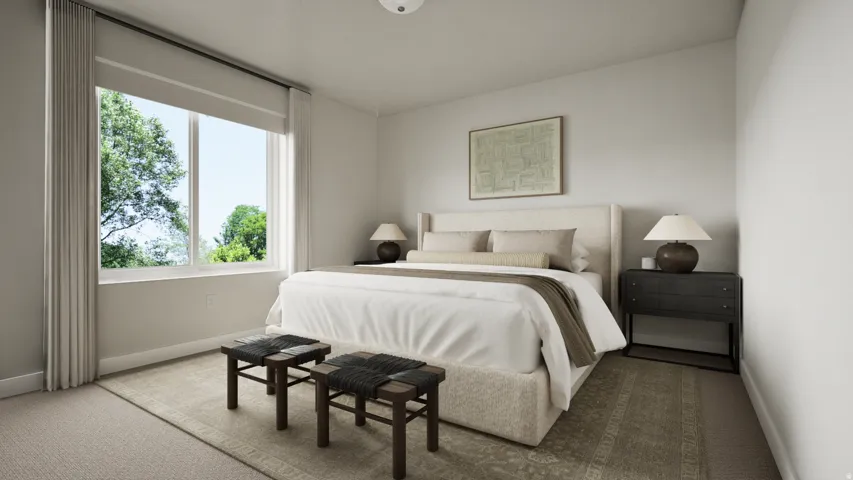 Expansive window with roller shade and floor-length drapes, wall-to-wall carpeting, and a neutral color palette