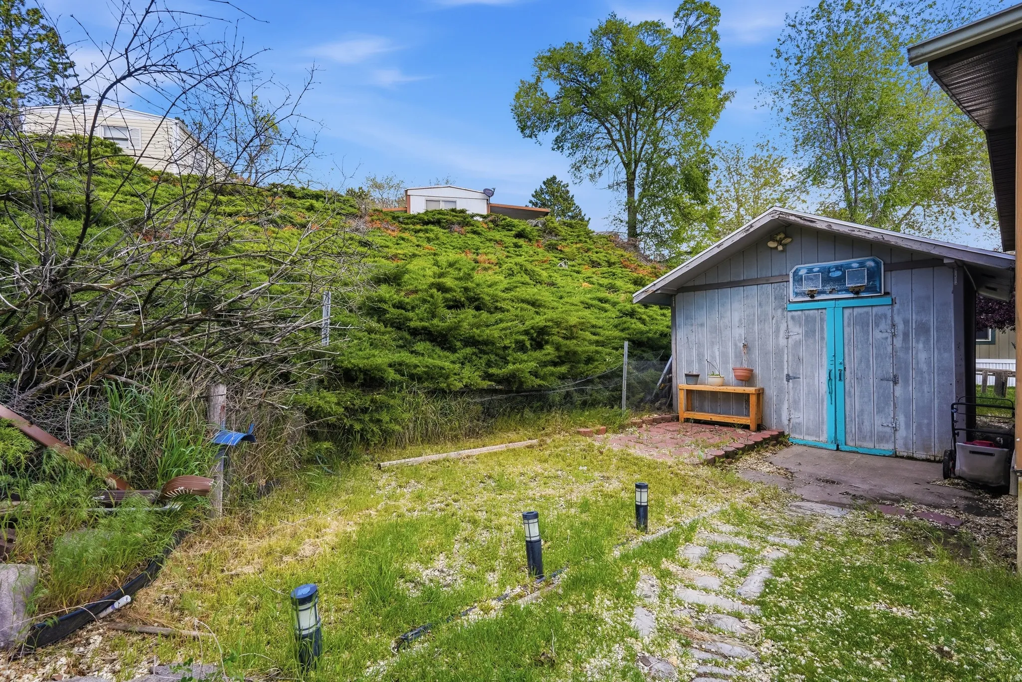 Backyard area featuring a detached wooden shed with a painted door, a stone paver pathway, and a sloped, natural landscape with established ground cover