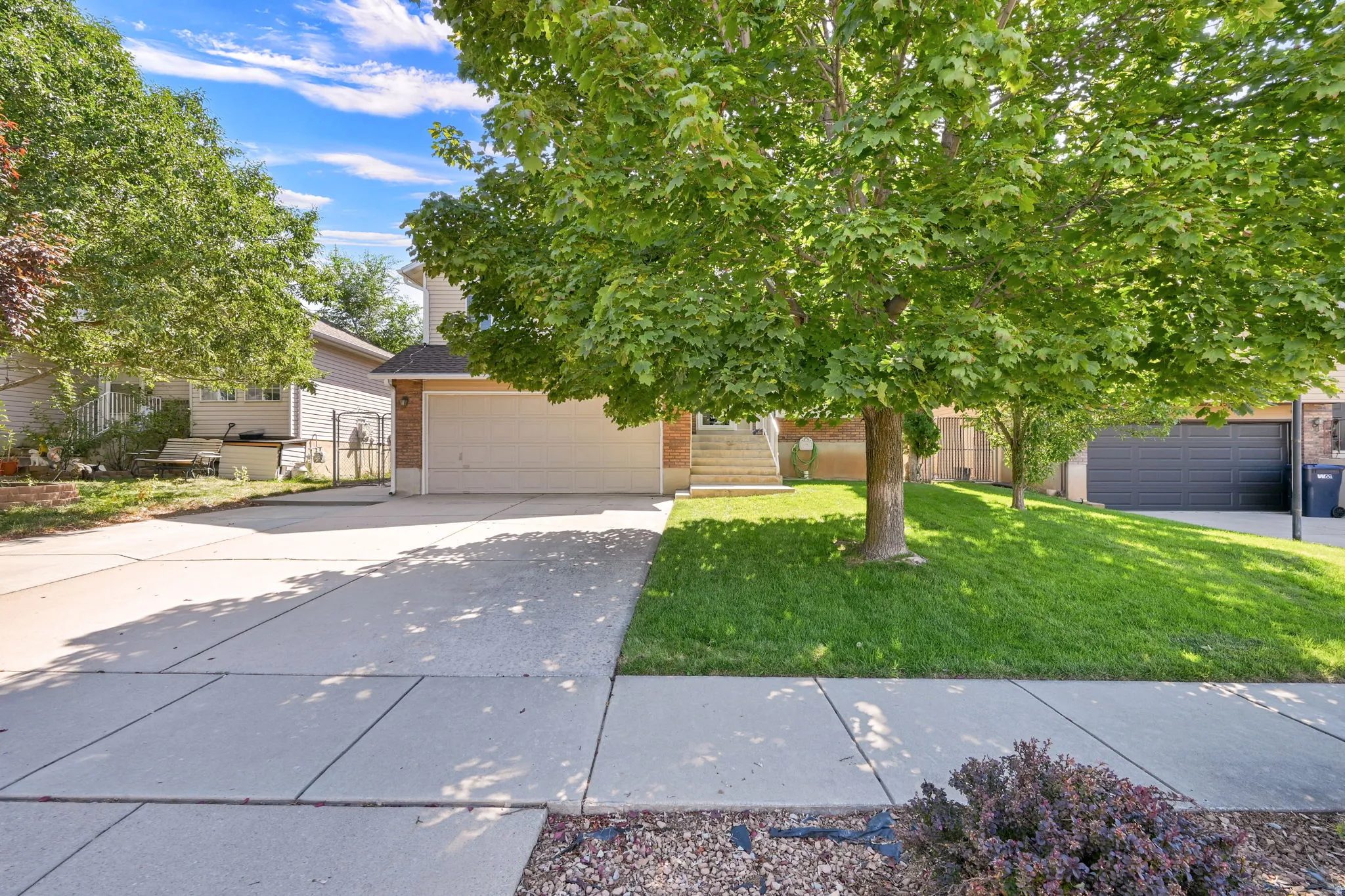 Welcoming front elevation showcasing a mature tree-lined lot with expansive concrete driveway, manicured lawn, and established landscaping