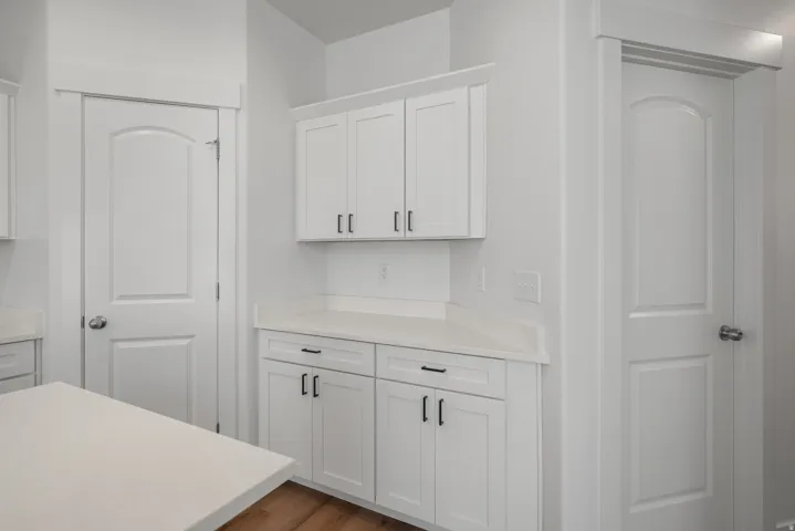 White shaker-style cabinetry with matte black hardware, white countertops, and wood-finish flooring