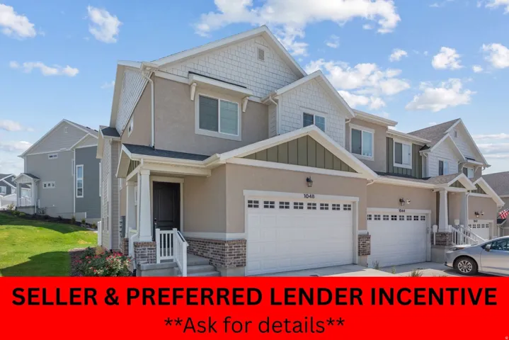 Residential Property Marketing Material. Featuring a multi-story dwelling with garage facilities and seller incentive promotion for qualified financing partners