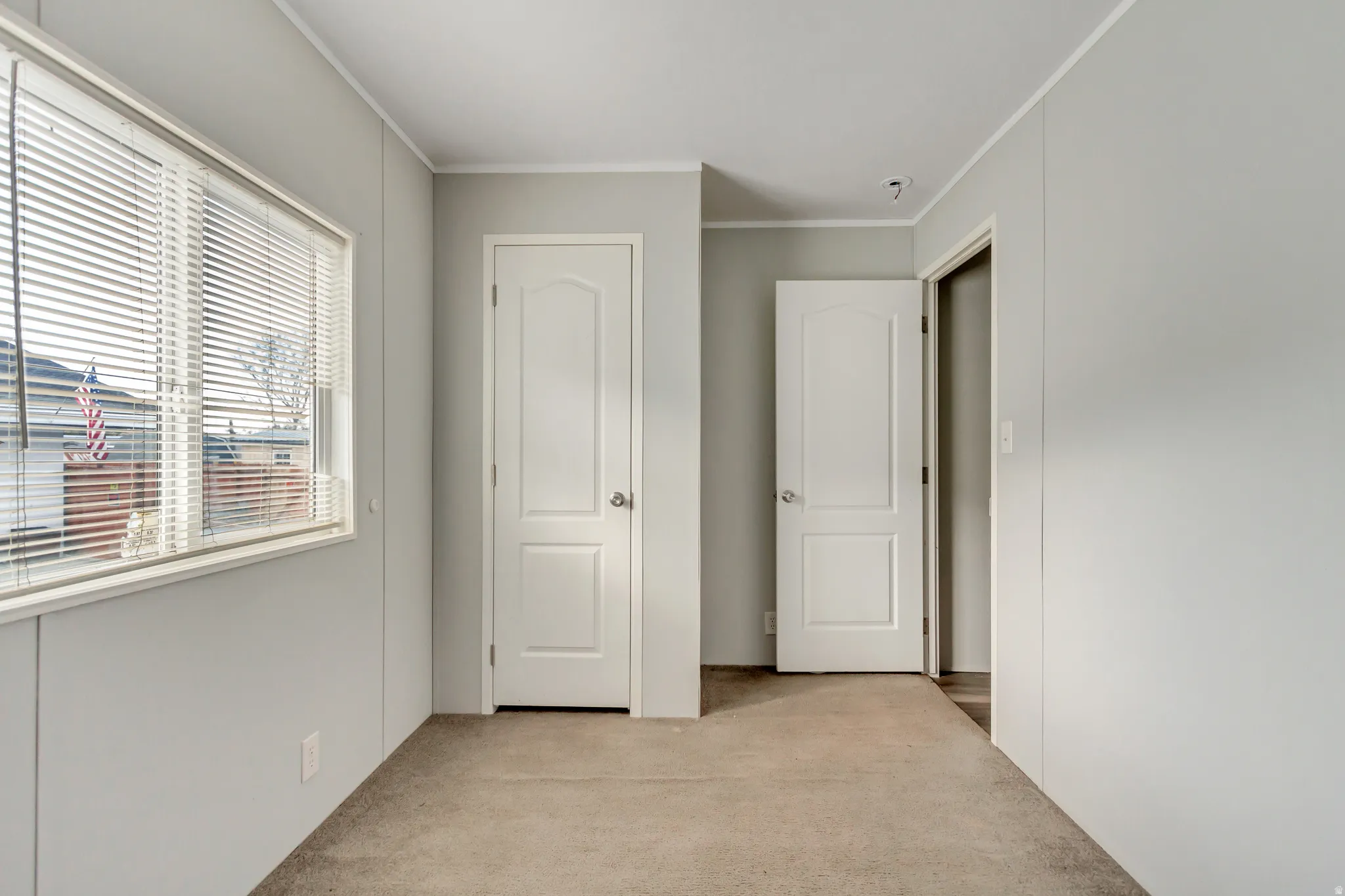 Interior room featuring light gray walls, plush carpeting, and a large window with horizontal blinds