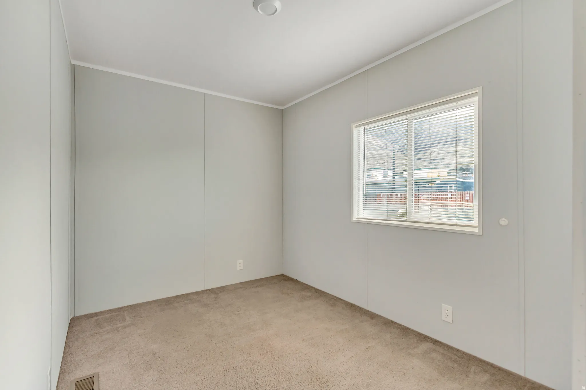 Interior room featuring neutral-toned carpeting and vertical panel walls