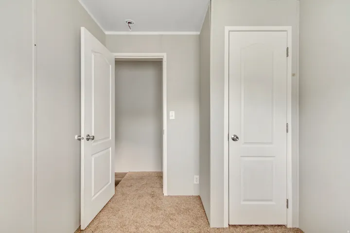 Neutral-toned walls complement the light brown carpet flooring