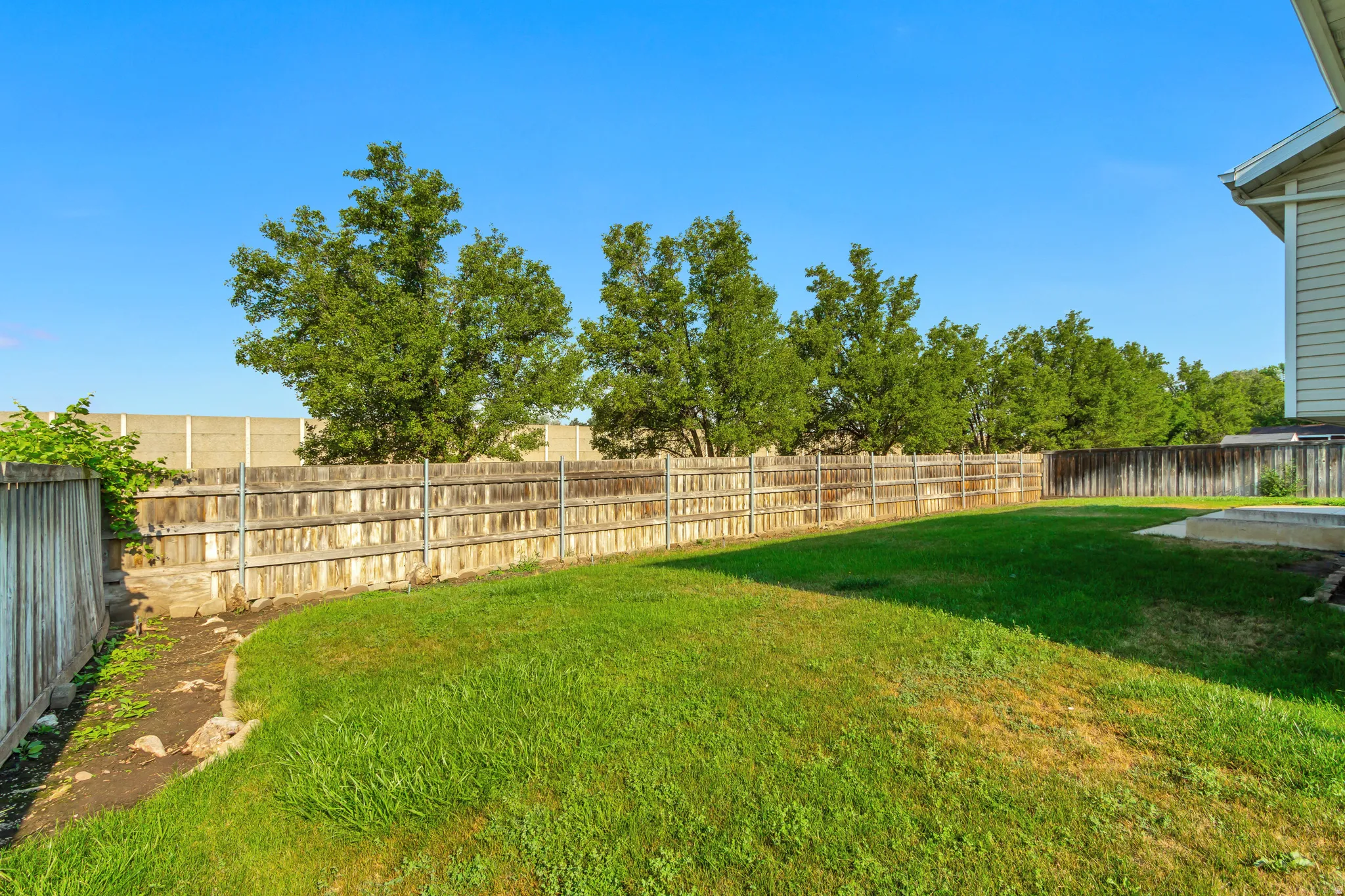 Expansive grassy yard area featuring full perimeter fencing