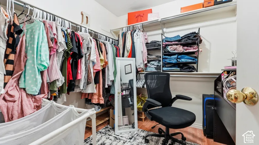 Walk-in closet featuring extensive built-in shelving and hanging rods, wood-finish flooring, and white walls