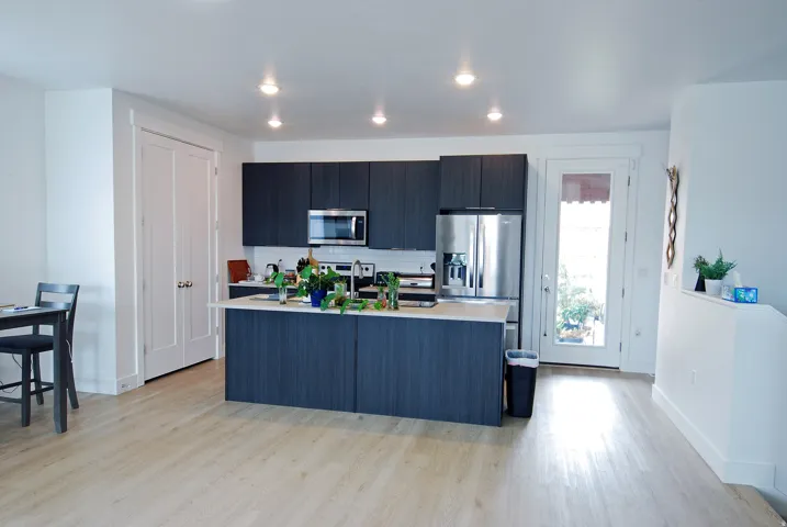Modern kitchen featuring wood-finish flooring, dark cabinetry, and recessed lighting