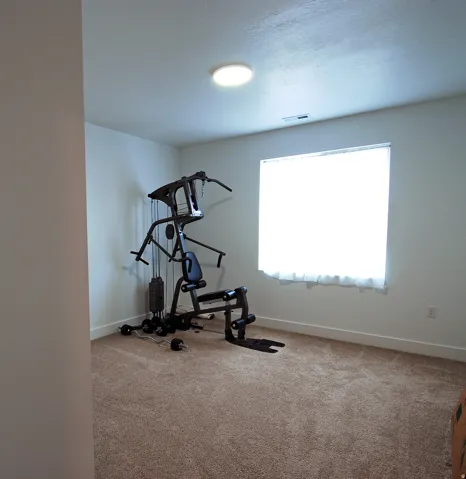 Wall-to-wall carpeting with light-toned walls, featuring a single window