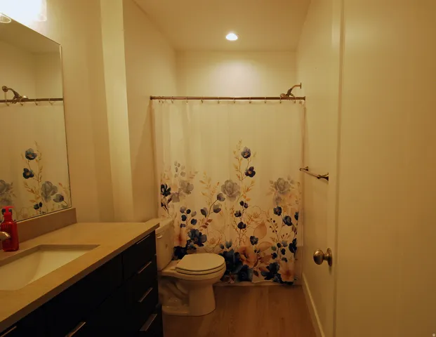 Vanity with integrated sink, wood-finish flooring, and recessed ceiling lighting