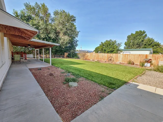 Expansive backyard featuring a large concrete patio, covered porch with exposed wood ceiling and ceiling fan, lush green lawn, mature trees, and a wooden privacy fence