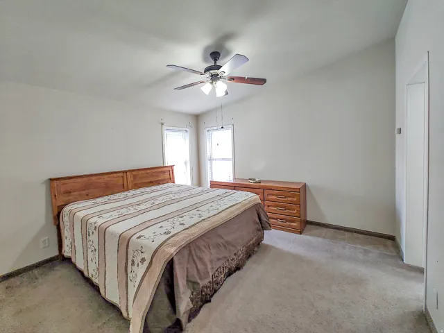 Spacious bedroom featuring a wood-finish headboard and nightstand, ceiling fan with integrated lighting, dual windows with natural light, and neutral carpeting throughout