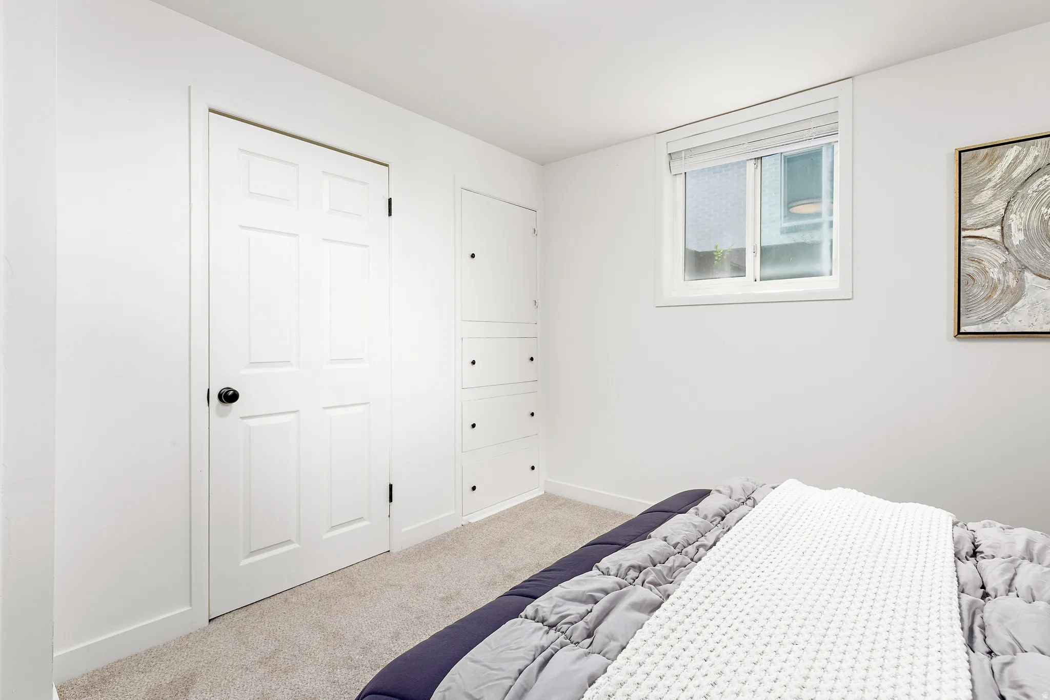 Carpeted room featuring a double-pane window with blinds, a six-panel door, and built-in cabinetry with black hardware