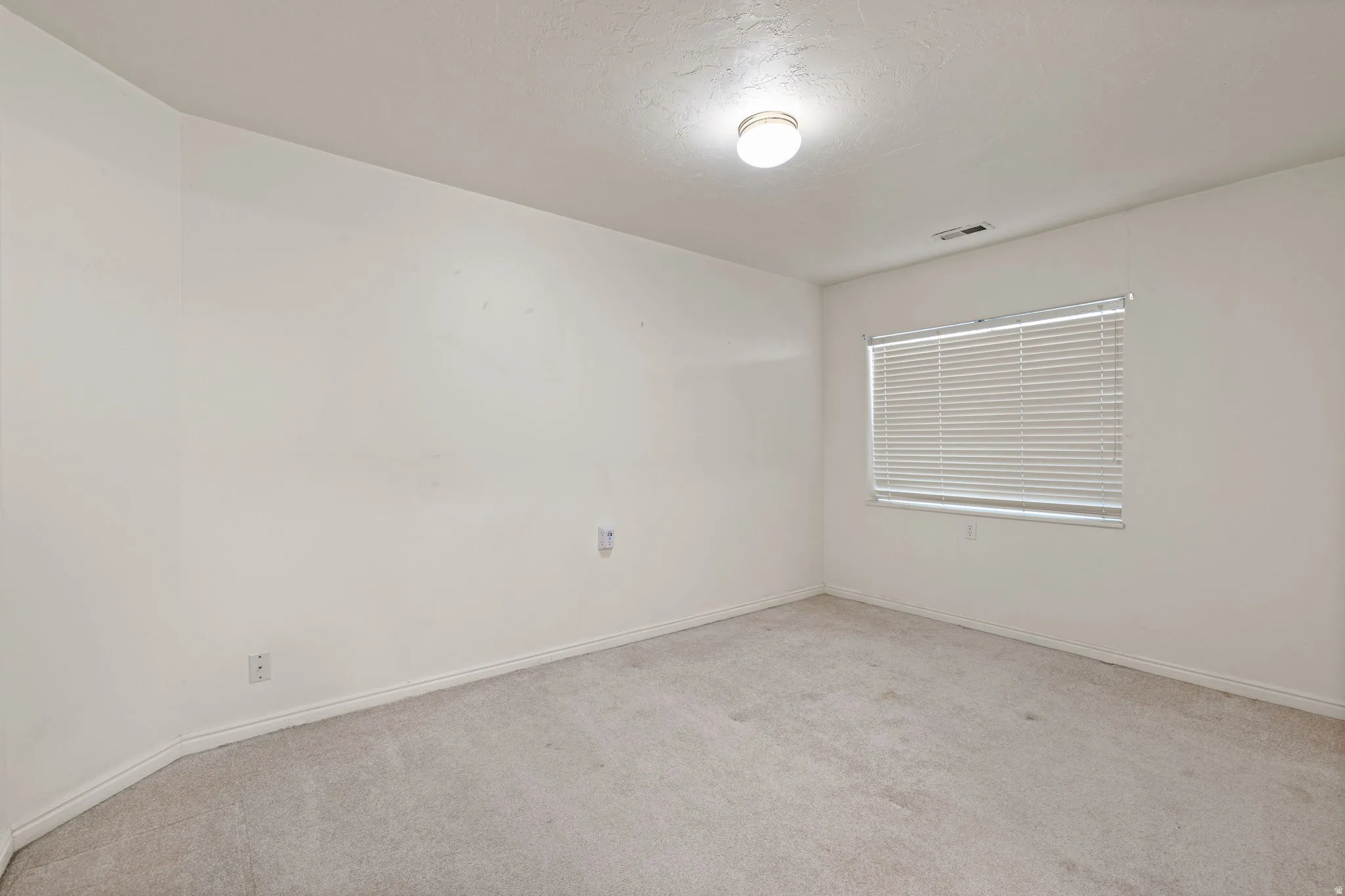 Neutral wall paint, ceiling-mounted light fixture, window with horizontal blinds, and light-toned carpet flooring