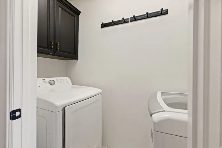 Built-in upper cabinetry with dark finish, wall-mounted coat hooks, and durable flooring