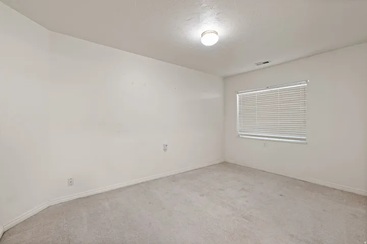 Neutral wall paint, ceiling-mounted light fixture, window with horizontal blinds, and light-toned carpet flooring