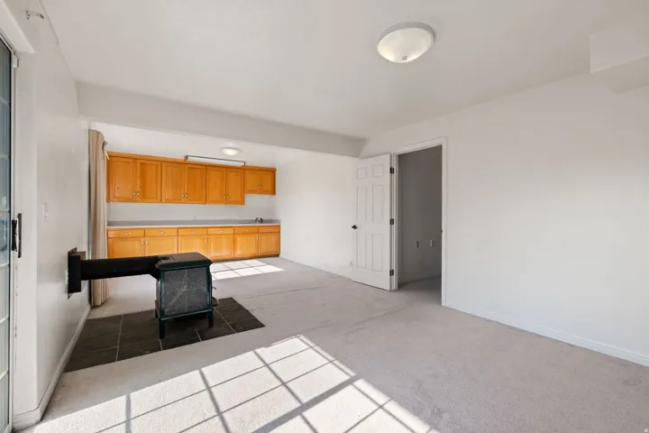 Wood-burning stove on tile hearth, light-colored carpeting, full-light glass door, built-in cabinetry with a sink, and flush-mount lighting