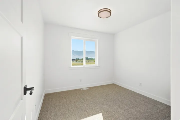White-painted walls with modern trim, neutral carpet, and a flush-mount ceiling light