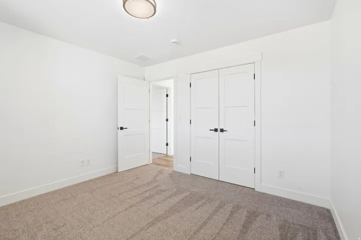 Neutral-toned carpeting with white walls, a flush-mount ceiling light fixture, and white doors with matte black hardware