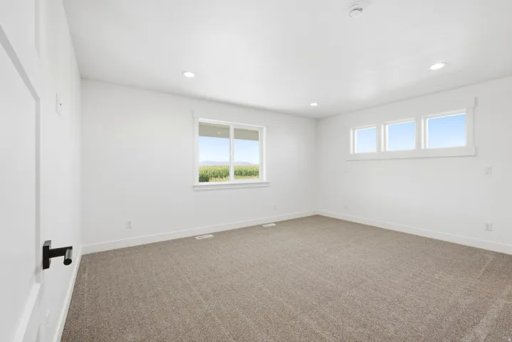 Recessed lighting, carpet flooring, a single window, and three transom windows