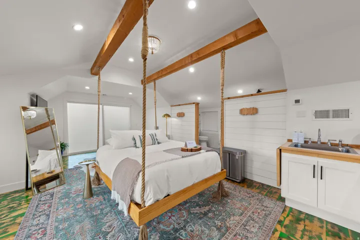 Vaulted ceiling with exposed wood beams