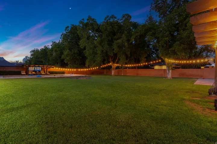 Expansive backyard featuring a manicured lawn, string lighting, and mature trees