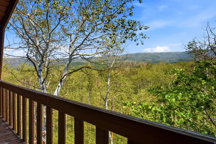 Outdoor balcony featuring a wooden railing, natural wood-finish decking, and an expansive tree-filled landscape with distant mountains under a blue sky