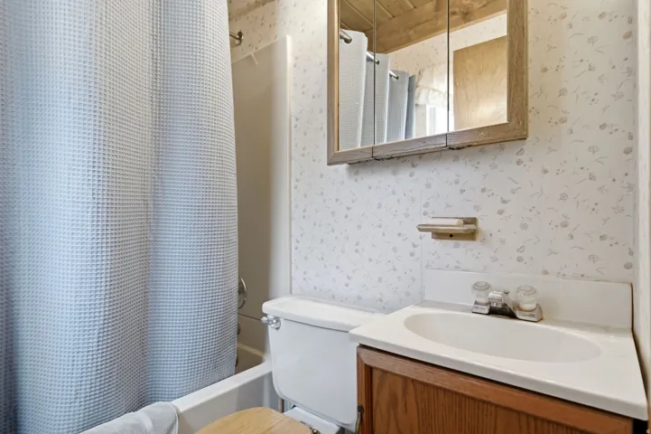 Full bathroom featuring a white tub/shower combination, white toilet, and a vanity with wood-finish cabinetry