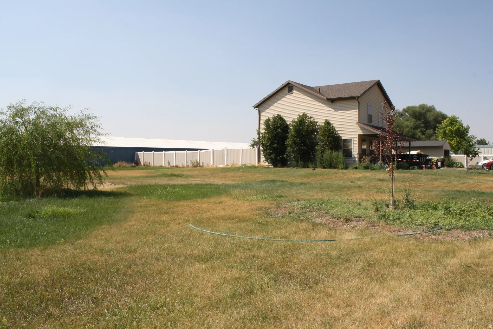 Expansive grassy yard with a weeping willow tree and a light-toned privacy fence bordering the property