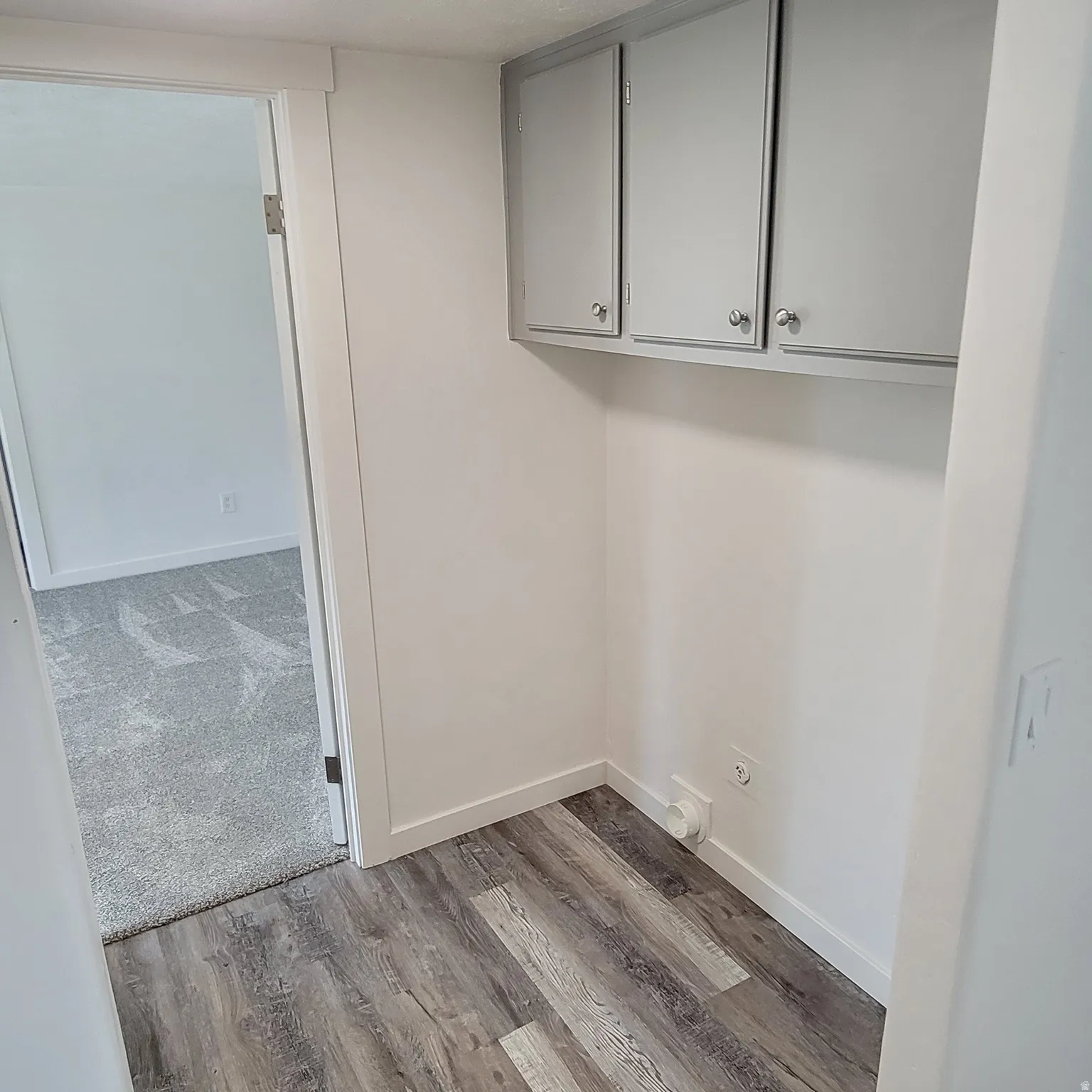 Dedicated laundry area featuring wood-finish flooring, white walls, and built-in upper cabinetry with silver-tone hardware