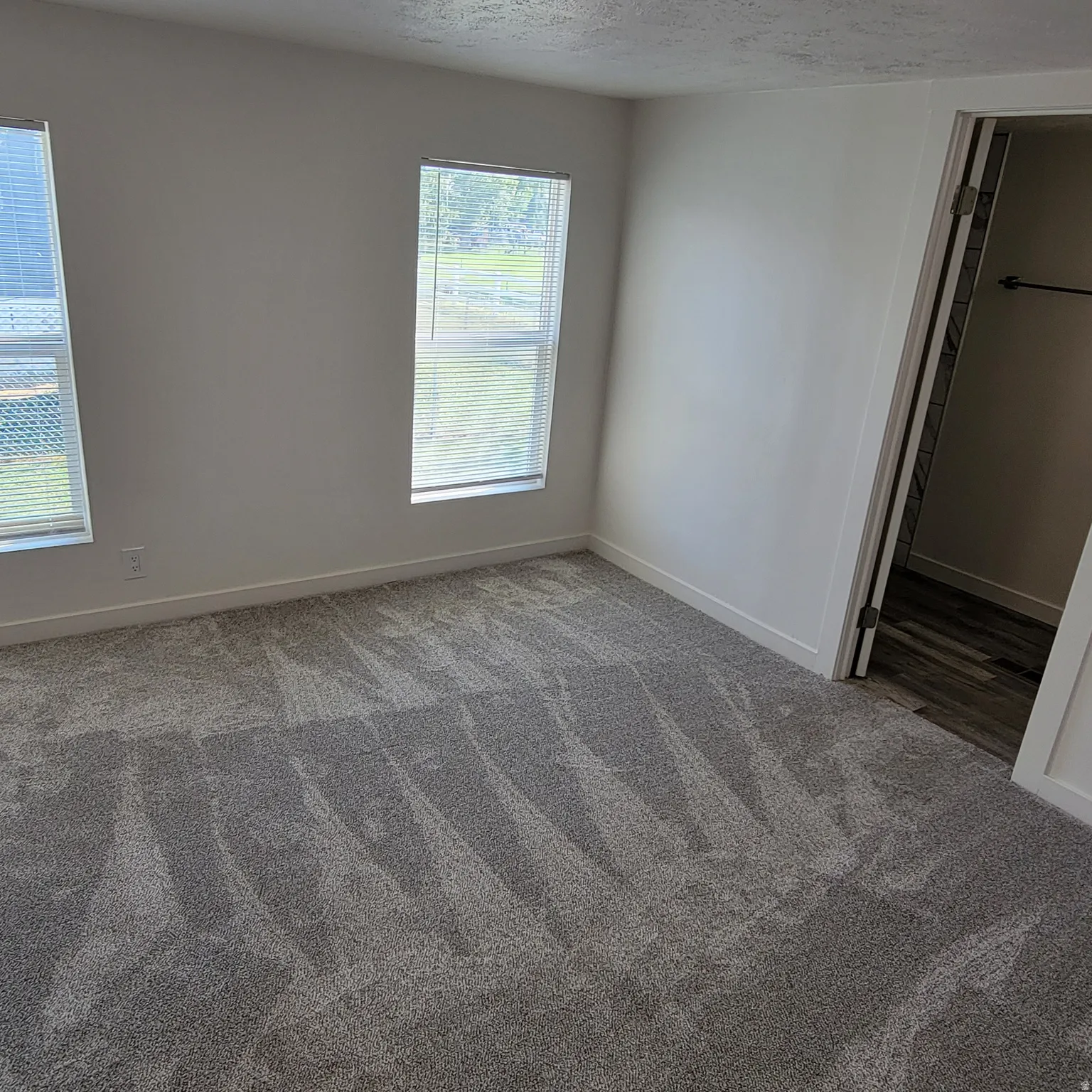 Spacious room featuring light gray carpeting, crisp white walls, two windows with horizontal blinds, and white baseboards