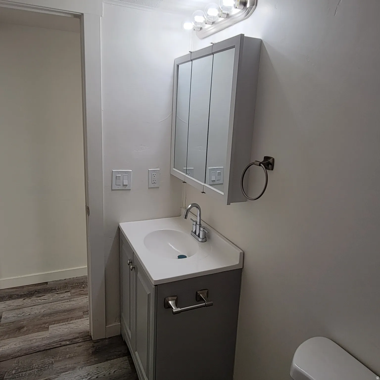Contemporary vanity with an integrated white sink, chrome faucet, and gray cabinetry