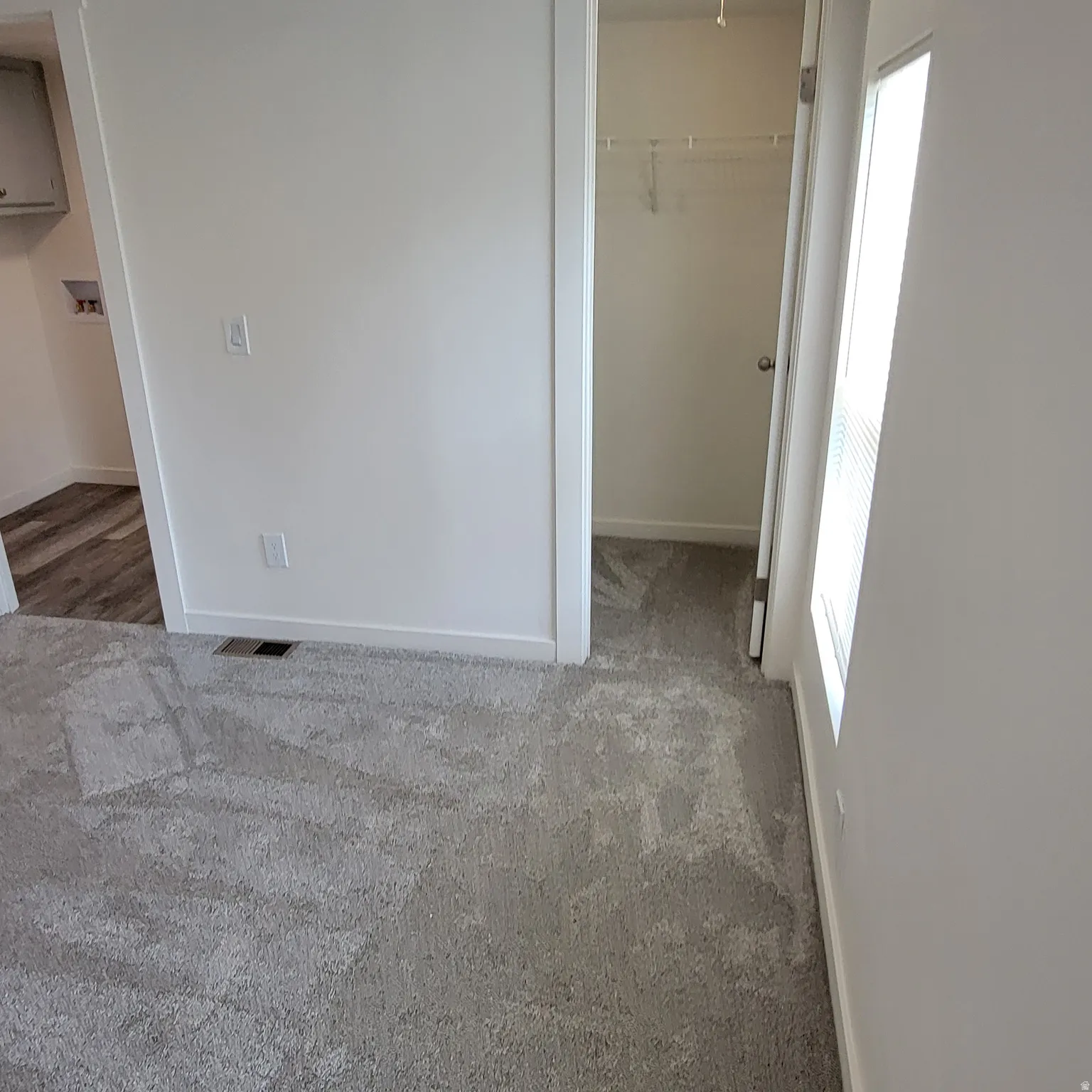 Neutral-toned carpeting extends into a closet area with wire shelving, complemented by white walls and trim