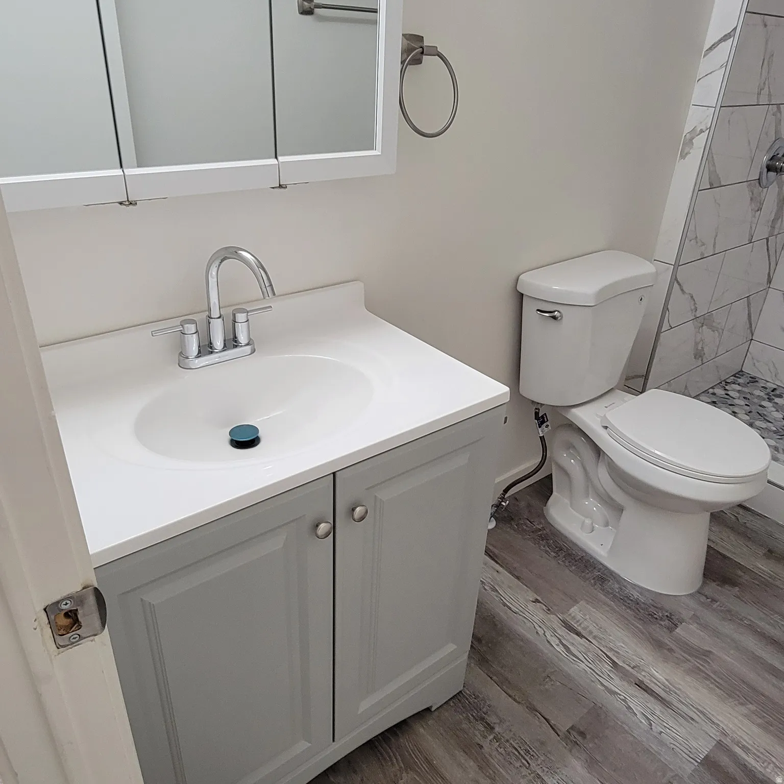 Bathroom featuring a light gray vanity with white countertop and integrated sink, chrome-finish faucet, white toilet, and gray wood-finish flooring