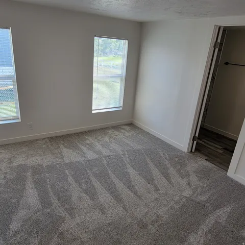 Spacious room featuring light gray carpeting, crisp white walls, two windows with horizontal blinds, and white baseboards